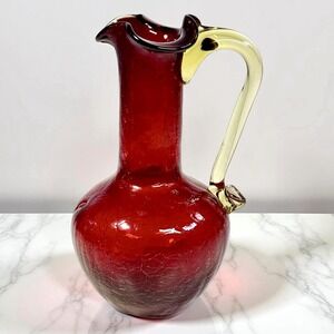 Vintage Pilgrim Art Glass Pitcher Red Crackle Yellow Handle MCM Hand Blown 5"